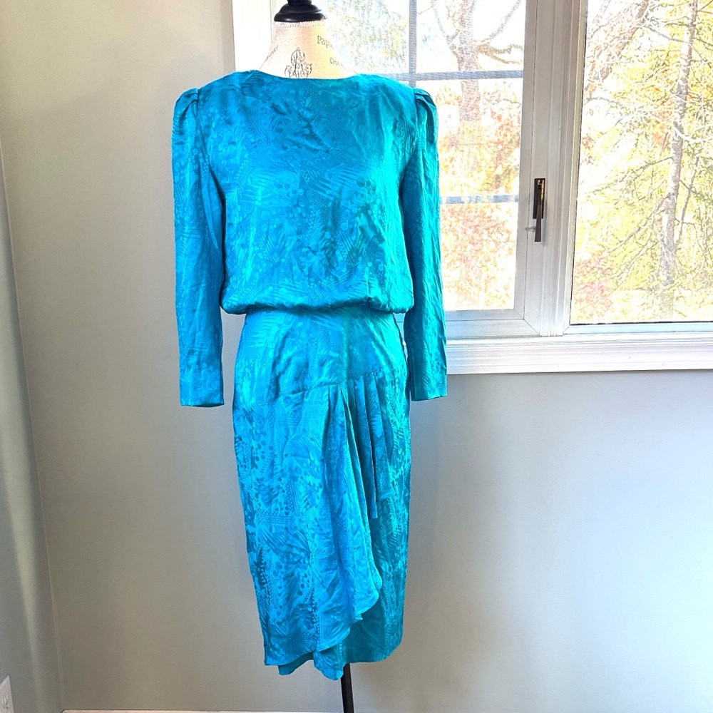 Oleg‎ Cassini vintage 80/90’s jacquard silk long sleeved midi dress size M